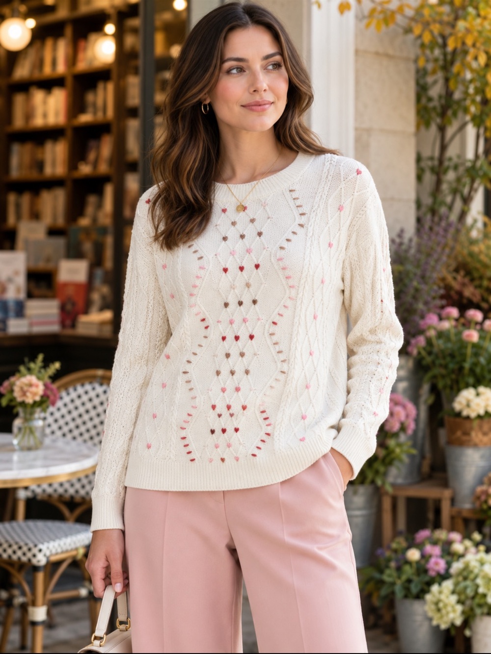 Talbots Whipstitch Hearts Cable Knit Sweater Ivory Pink Crewneck Medium